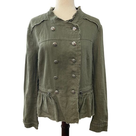 International Concepts INC Military Style Jacket 100% Linen Button Up Green Sz L - Picture 2 of 15